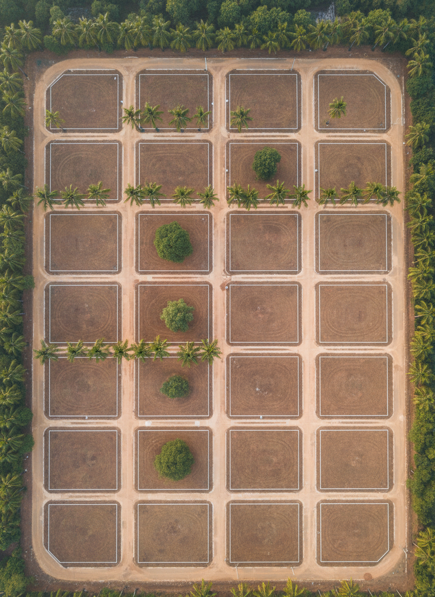 A clean, photographic aerial view of multiple adjacent land plots in Chennai, each neatly divided by straight, compacted mud roads and subtle white boundary lines. The plots vary in size but are all level, with a few scattered coconut and neem trees adding natural greenery. Diffused early-morning light creates soft, even illumination, minimizing harsh shadows and highlighting the organized layout. The camera is positioned directly overhead for a clear, map-like perspective, capturing the symmetry and development potential. The mood is orderly and professional, suggesting planned infrastructure and transparent land sales, perfect for a real estate listing overview image.