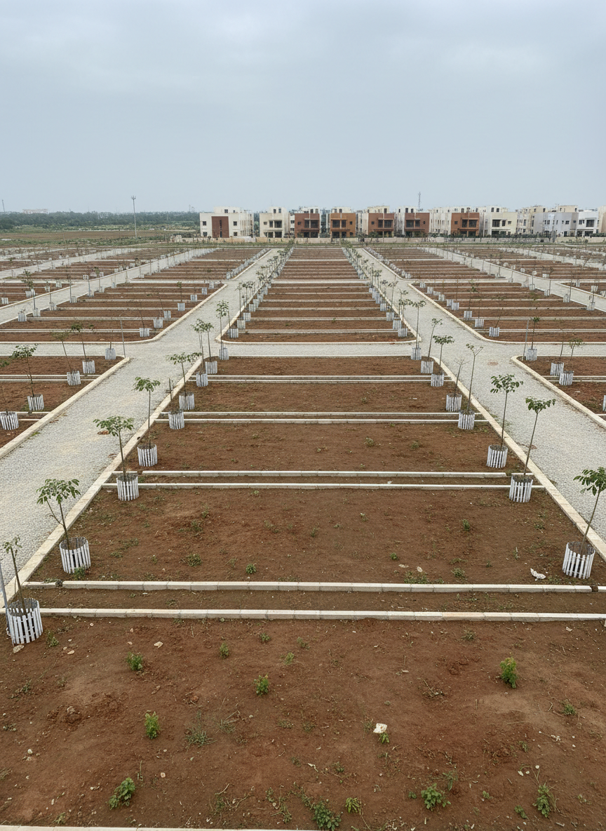 A photographic, wide-angle view of a serene residential land layout in Chennai, featuring several evenly sized plots separated by narrow internal roads and low concrete dividers. Young saplings in protective guards line the roads at regular intervals, suggesting future tree-lined avenues. The sky is slightly overcast, providing soft, diffused lighting that evenly illuminates the red-brown soil, the light-colored road surface, and the surrounding semi-urban landscape. The camera is positioned at eye level with a slight tilt to show depth as the layout recedes toward distant, low-rise homes. The atmosphere is calm, planned, and professional, emphasizing long-term residential potential and trustworthy development.