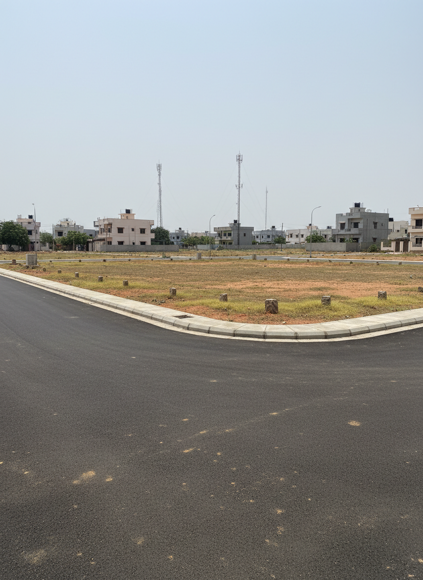 A close, eye-level photographic shot of a single corner plot in Chennai, showing a freshly laid, smooth tar access road meeting a narrower internal road, both edged with low concrete curbs. The plot itself is a flat stretch of reddish-brown soil with a few patches of dry grass, bordered by simple stone markers. In the distance, modest residential buildings and telecom towers indicate a developing neighborhood. Bright but slightly diffused midday sunlight ensures every detail is visible, creating crisp, reliable-looking documentation. The composition uses an angled perspective to lead the viewer’s eye along the roads, conveying accessibility, connectivity, and professional land development.