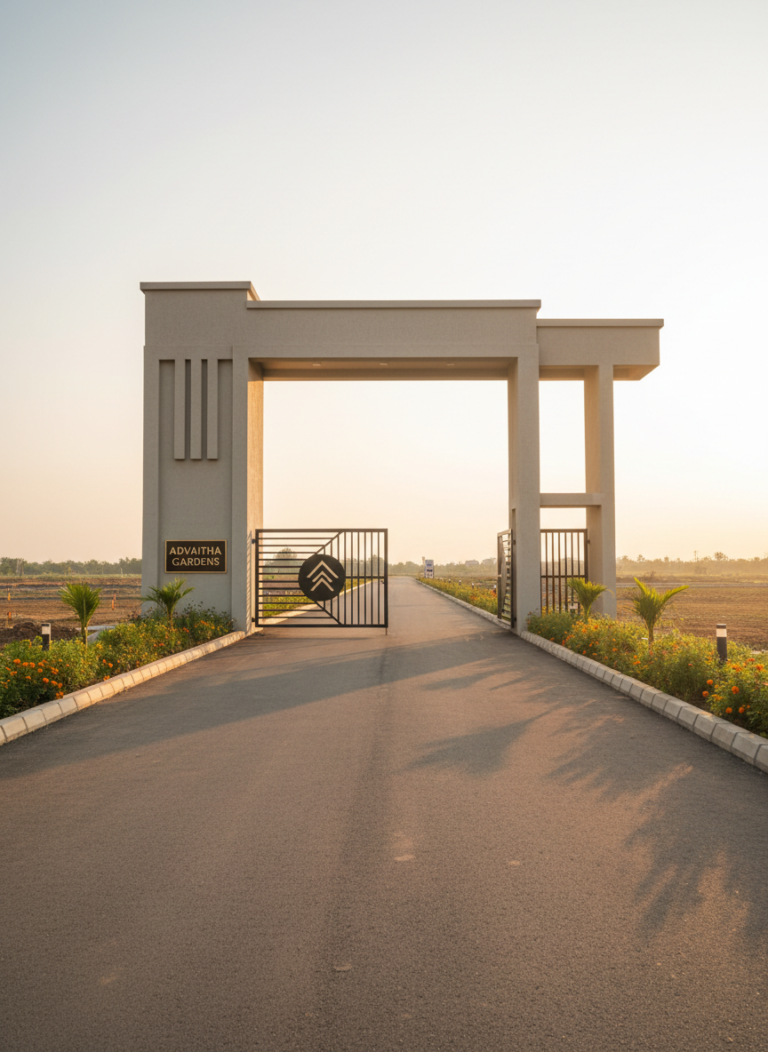 A photographic, slightly low-angle view of a gated land community entrance in Chennai, with a solid, neutral-colored concrete gate structure and a wide, neatly paved road leading inward to spacious, undeveloped plots. On either side, low, well-maintained hedges and small flowering plants introduce subtle greenery without overpowering the open land beyond. Soft golden-hour lighting casts long, inviting shadows and gives the scene a warm, trustworthy glow. The camera focuses sharply on the gate while keeping the inner plots clearly visible, using a balanced, centered composition. The overall mood is secure, orderly, and professional, signaling well-managed, credible real estate.